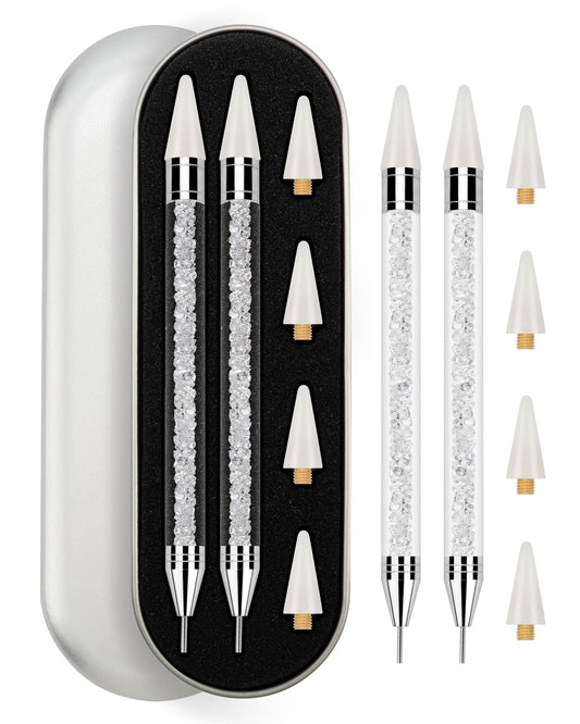 Rolybag front view of two white rhinestone picker pens showing compact design and portability