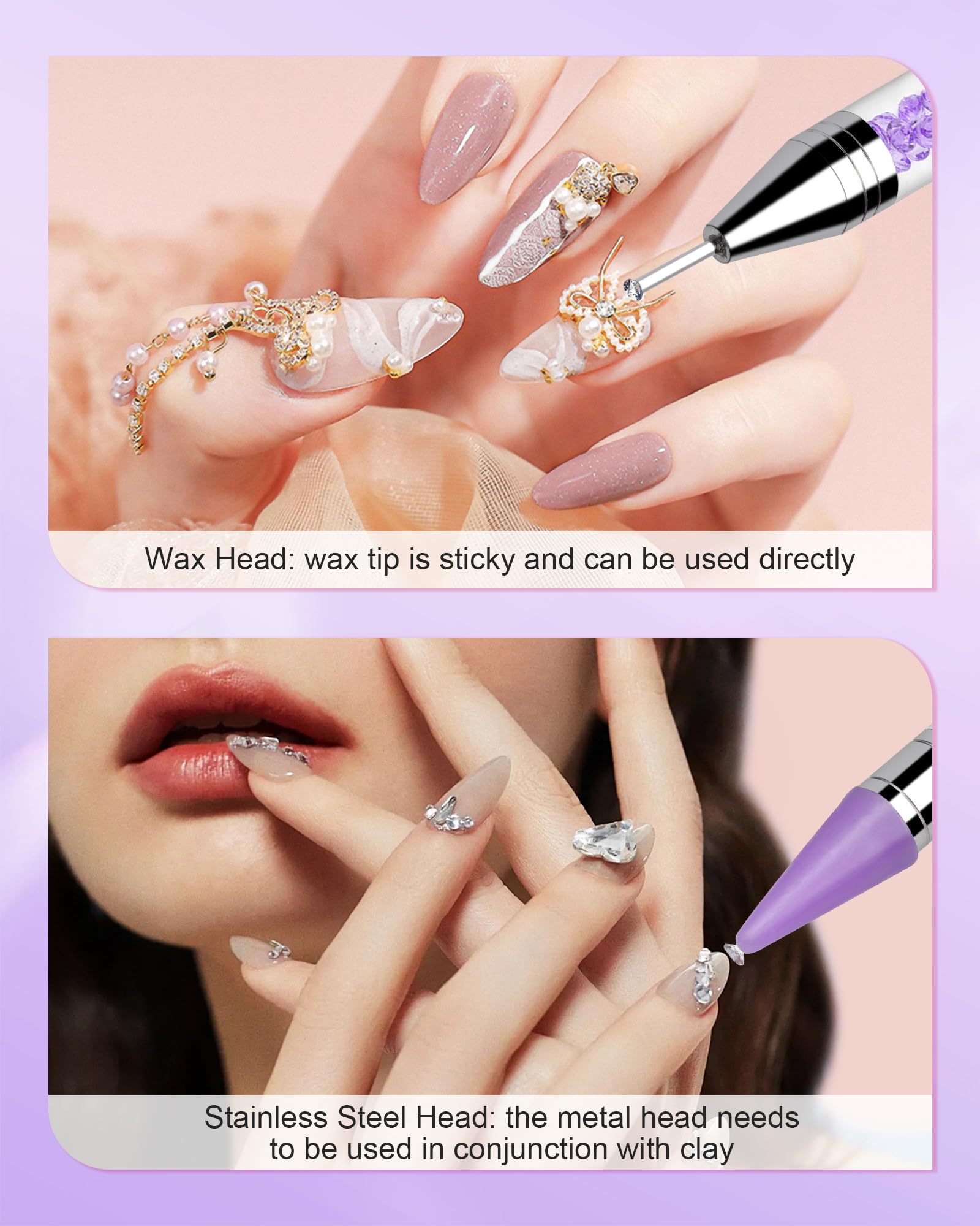 Rolybag picker in use on a nail placing a rhinestone for quicker, neater designs