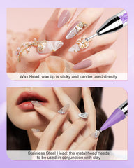 Rolybag picker in use on a nail placing a rhinestone for quicker, neater designs