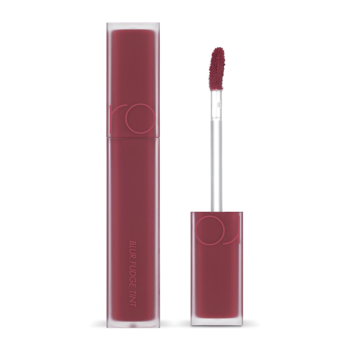rom&nd product front shot showing tube and rich berry color benefit: clear shade view