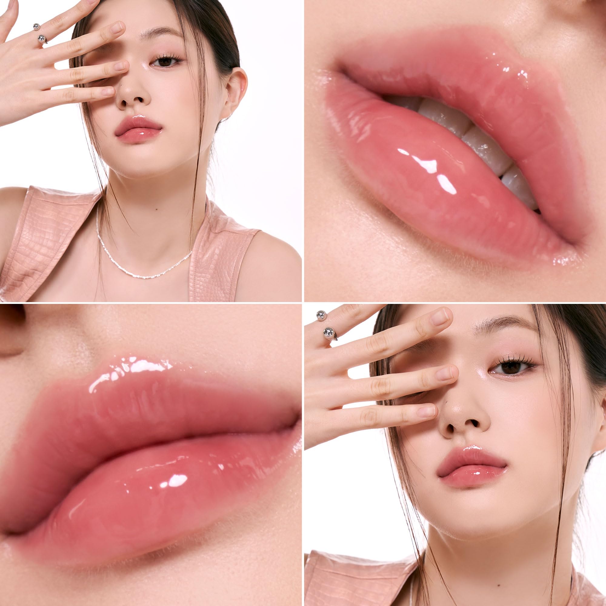 rom&nd gloss on model lips close-up showing glassy shine and flattering cool pink