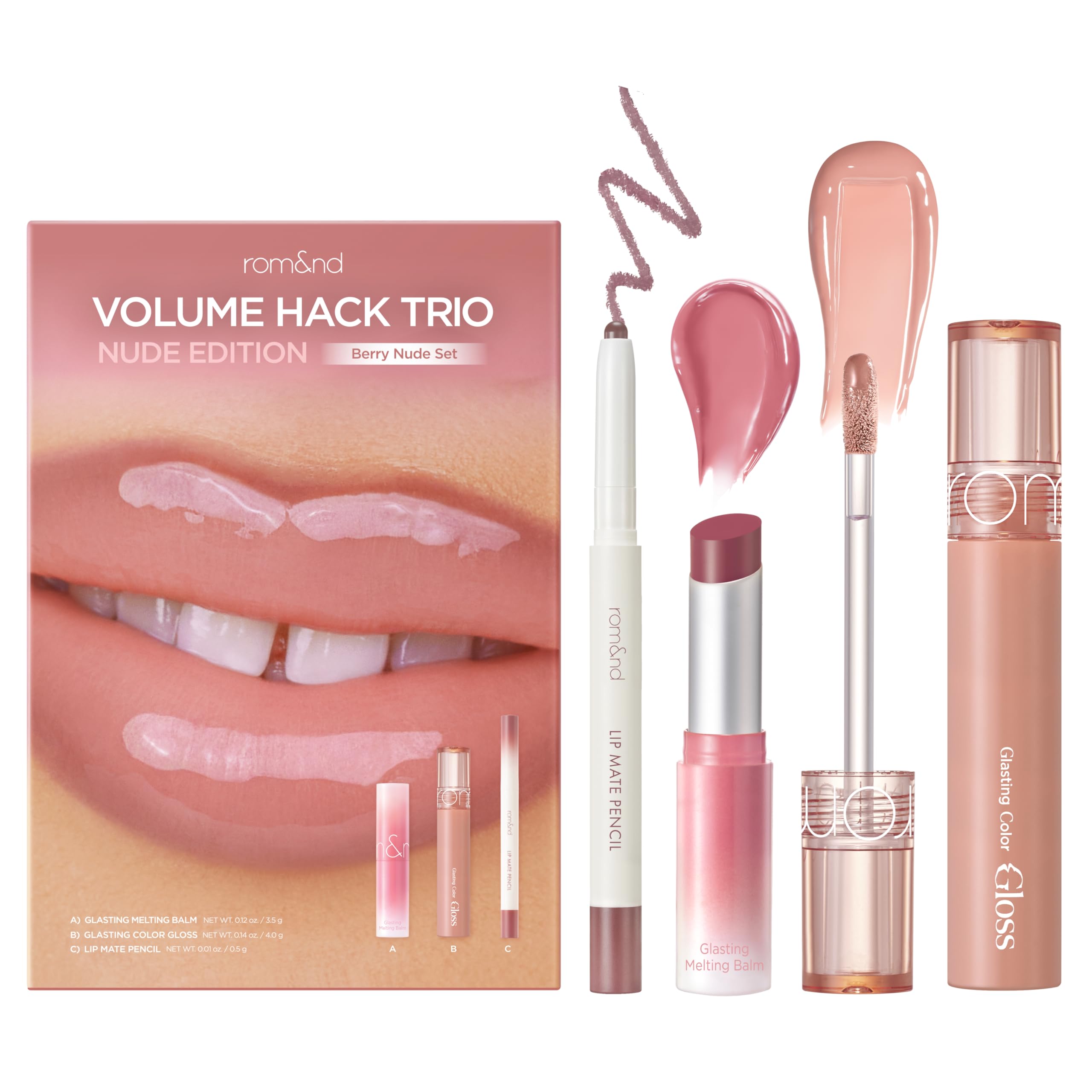 rom&nd front packaging of Volume Hack Trio showing set and benefits