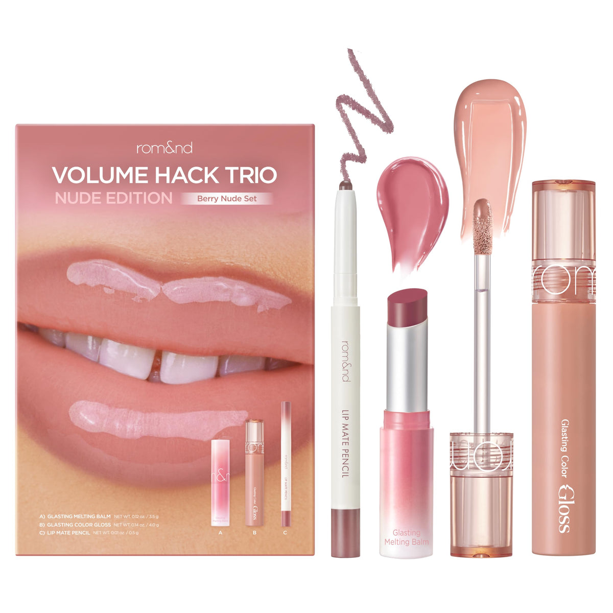 rom&nd front packaging of Volume Hack Trio showing set and benefits