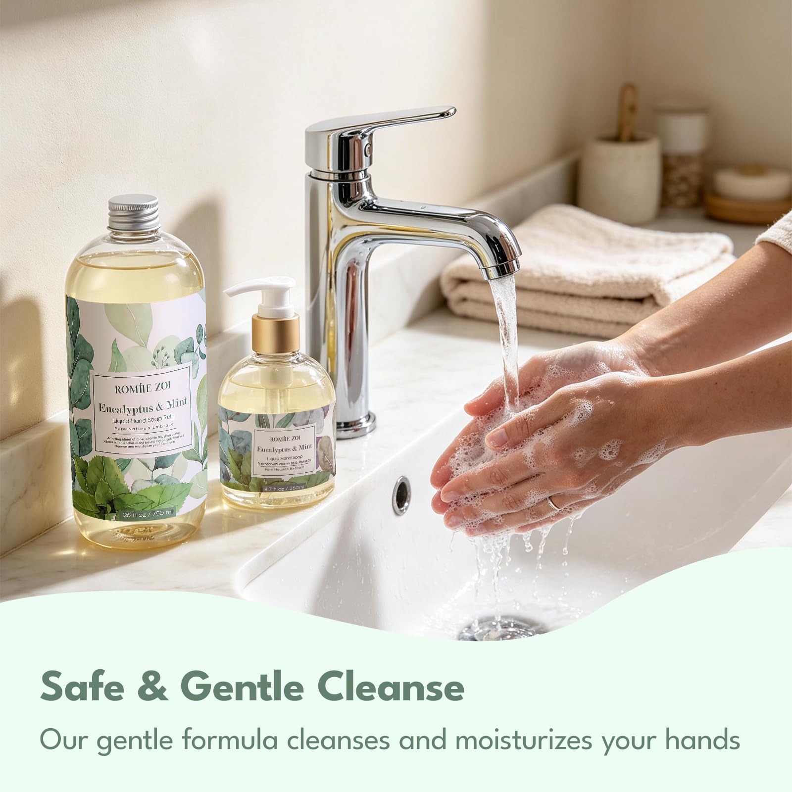 Dispensed ROMIIE ZOI soap at sink showing fast effective cleanse