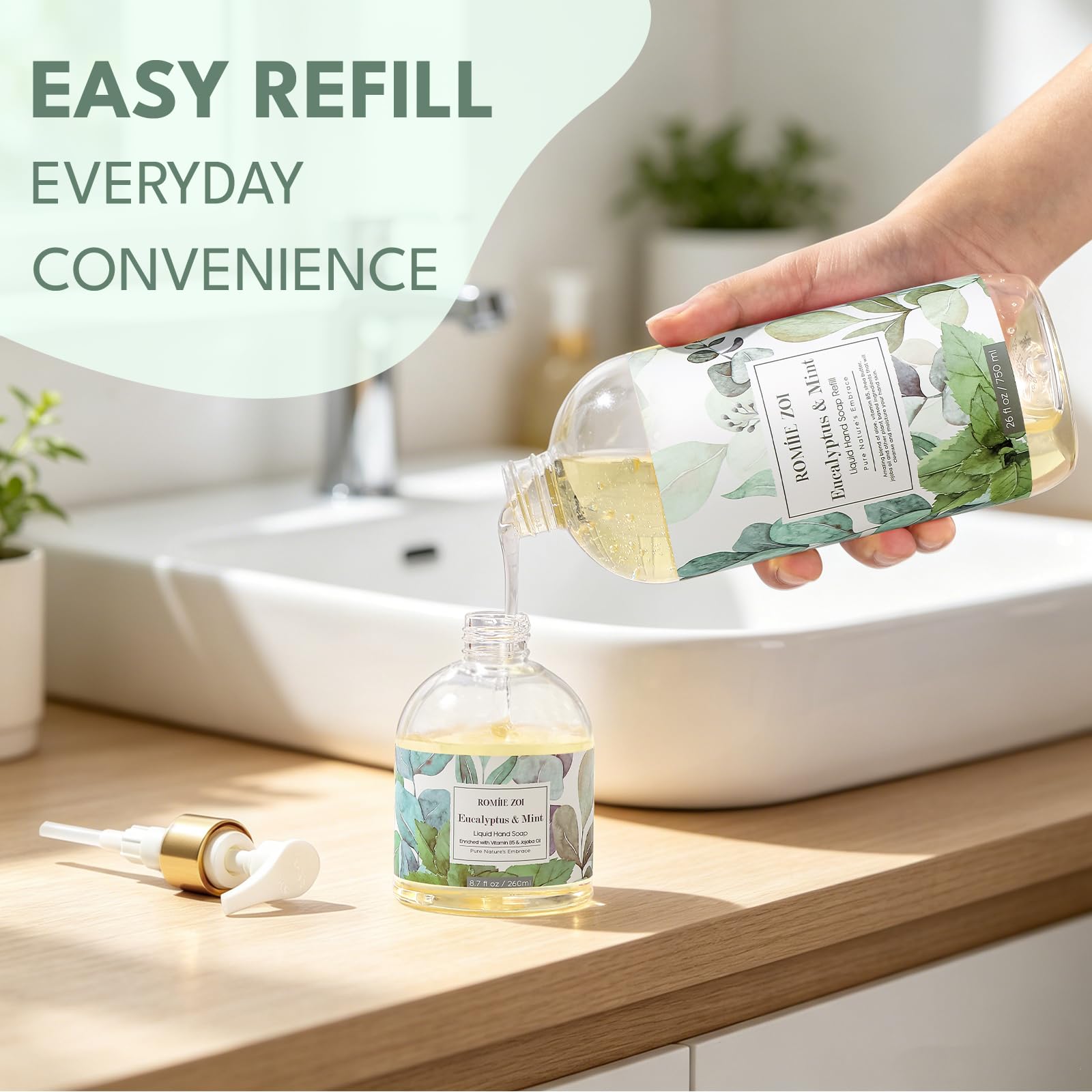 ROMIIE ZOI bottle next to household items showing 750 ml value