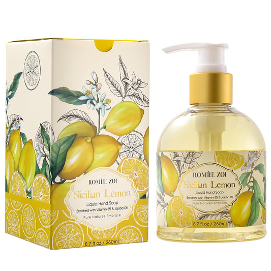 ROMIIE ZOI front pump bottle showing lemon label and easy dispensing benefit