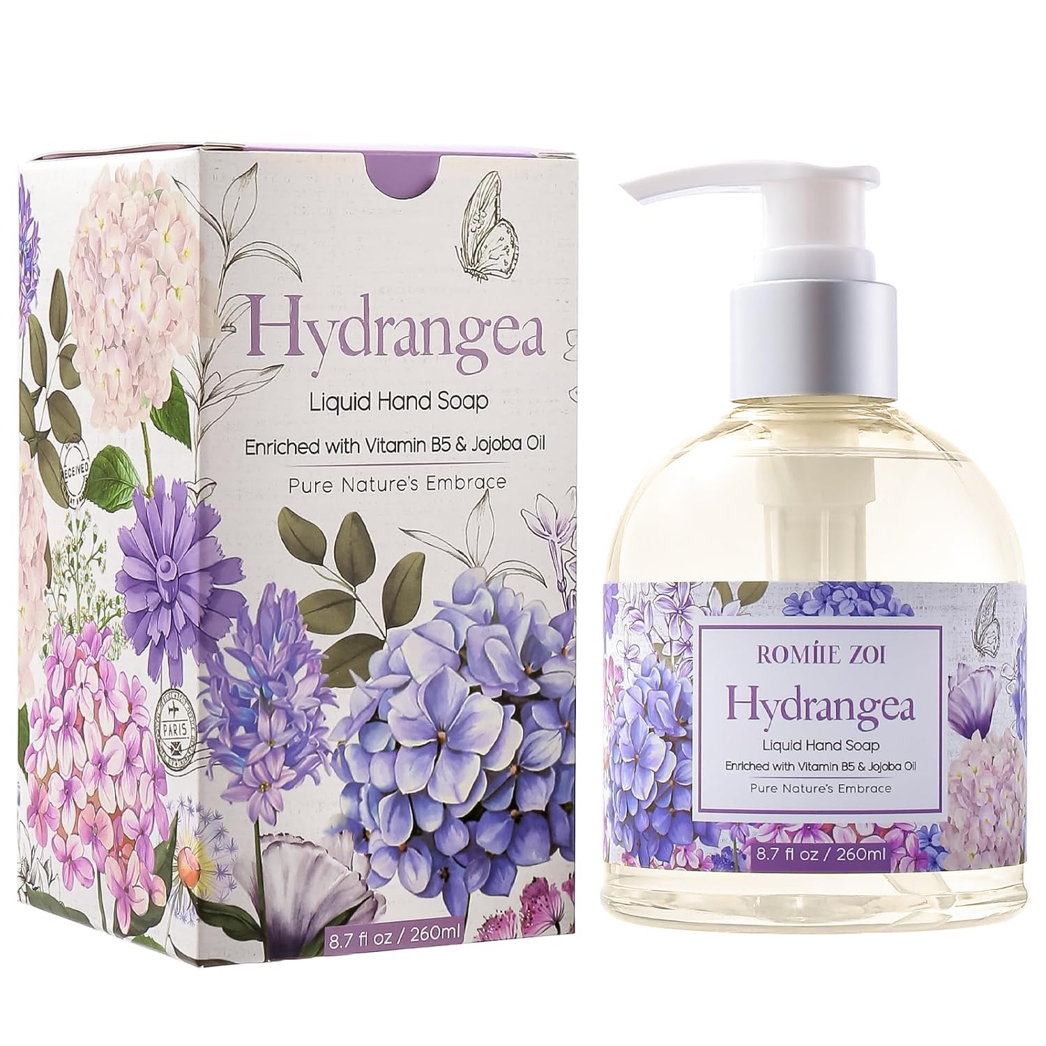 ROMIIE ZOI front packaging shows hydrangea soap and elegant label benefit: decorative display