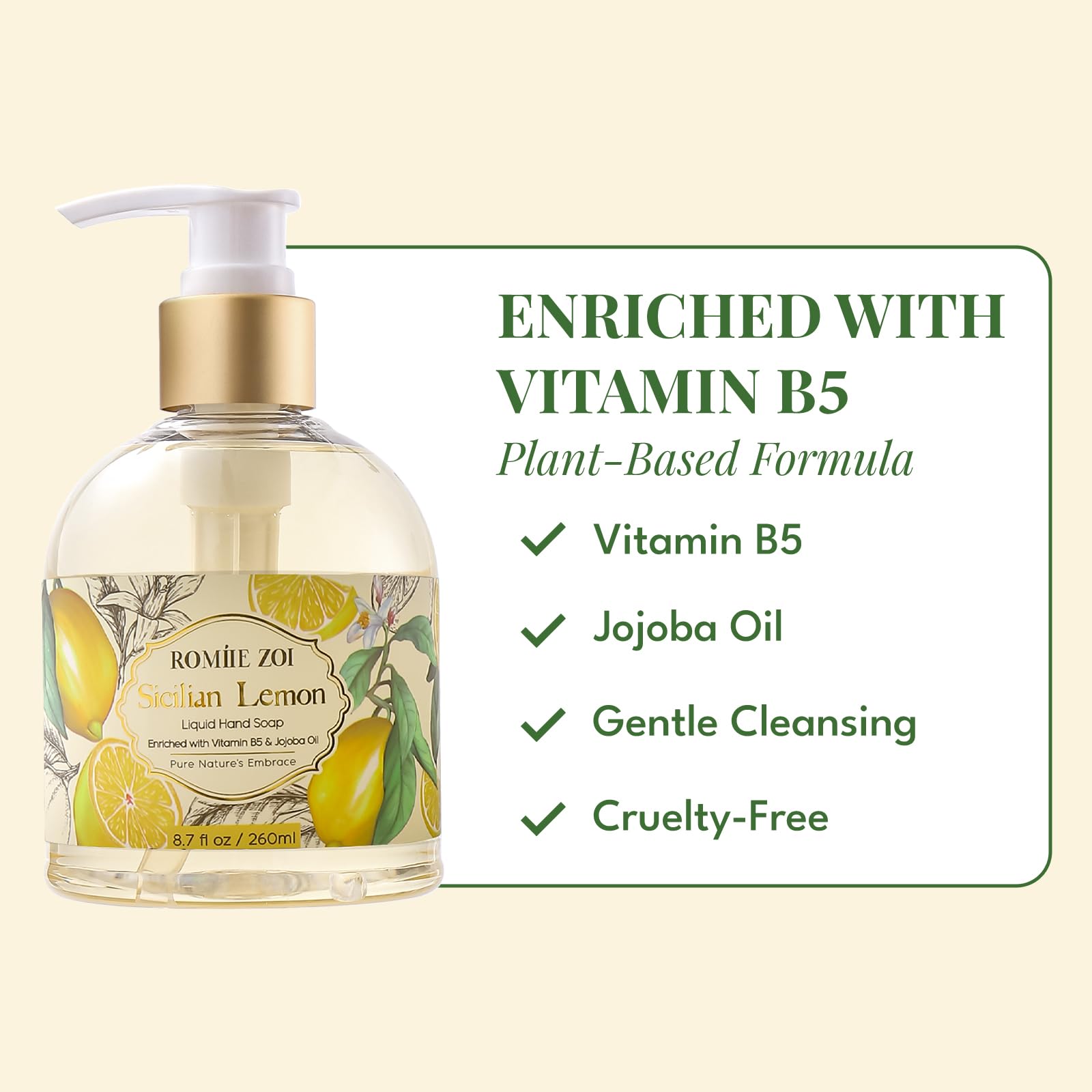 ROMIIE ZOI label close-up highlighting jojoba oil and vitamin B5 benefits