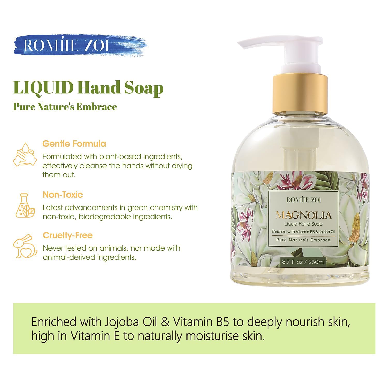 ROMIIE ZOI bottle close-up label highlighting magnolia scent and premium design benefit