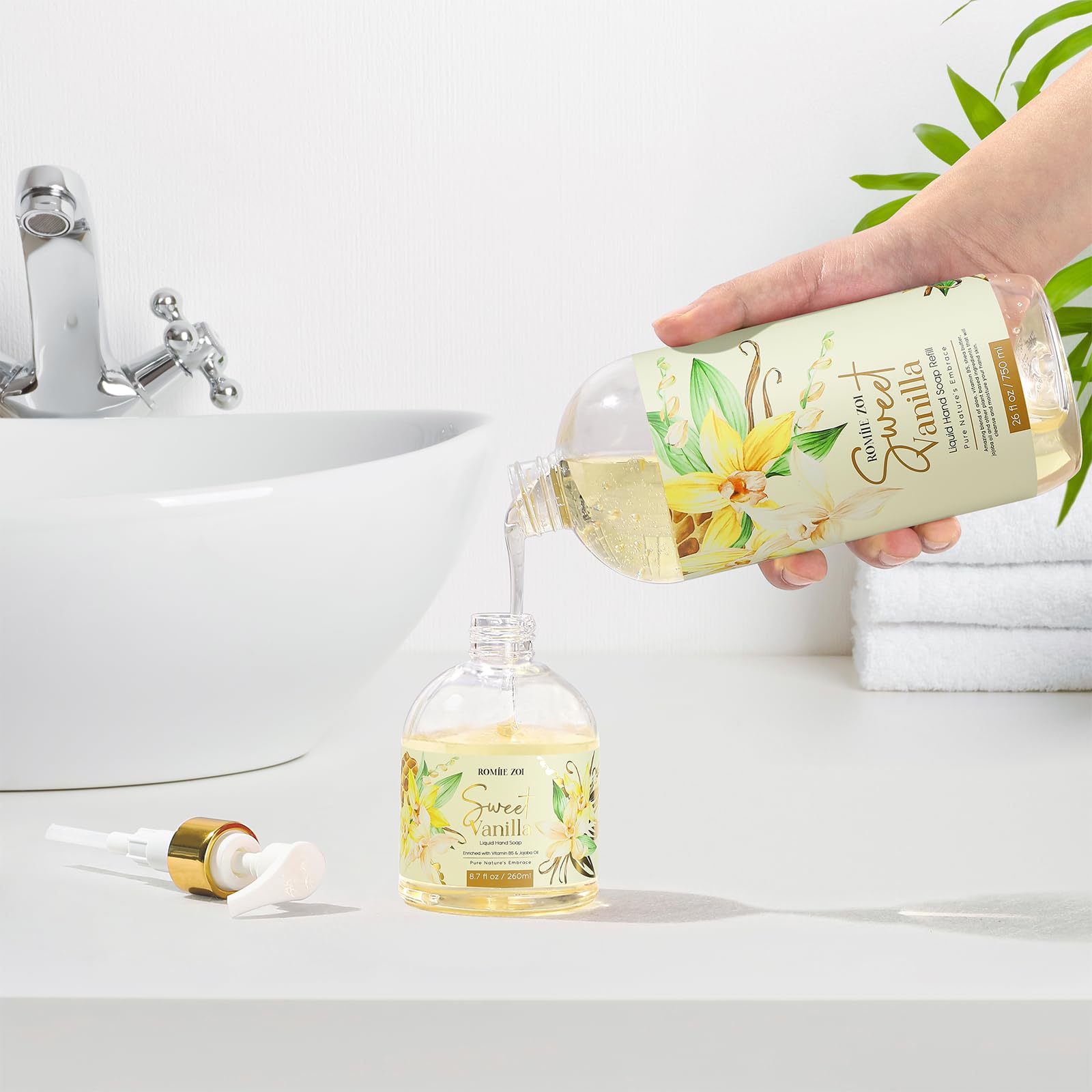 ROMIIE ZOI being refilled into pump dispenser for convenience