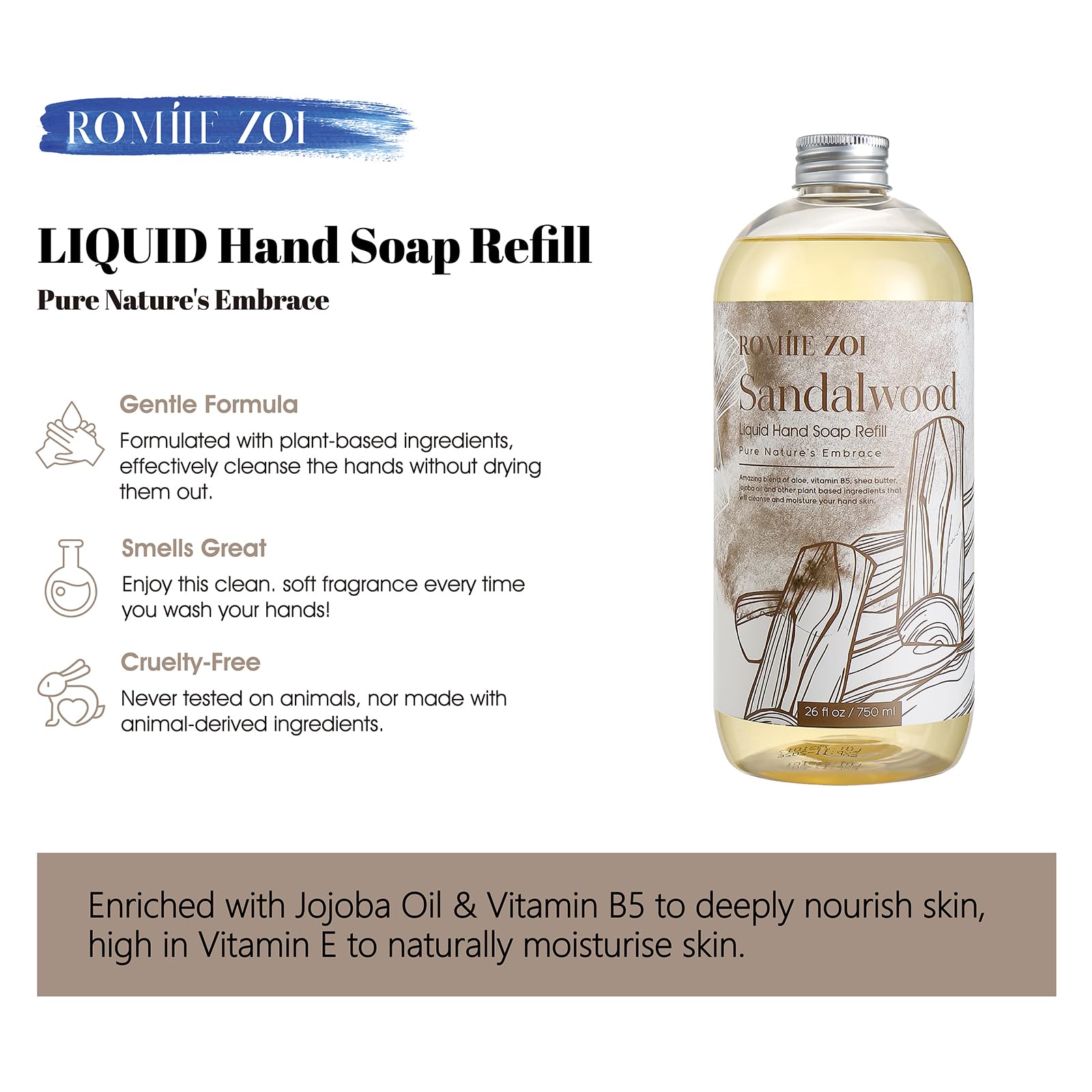 ROMIIE ZOI being poured into a dispenser, refill reduces plastic waste