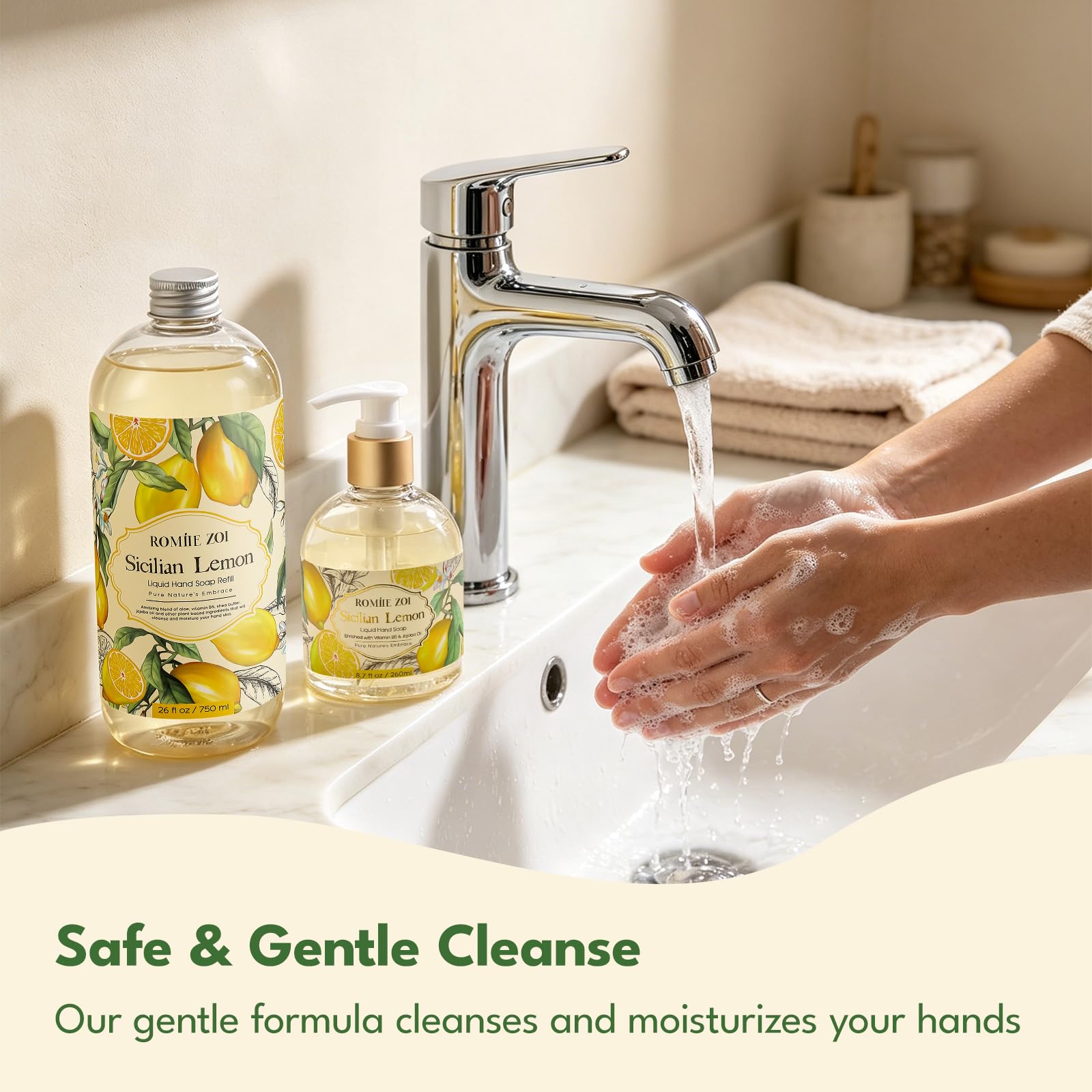 ROMIIE ZOI 750ml next to a hand for scale showing generous size benefit