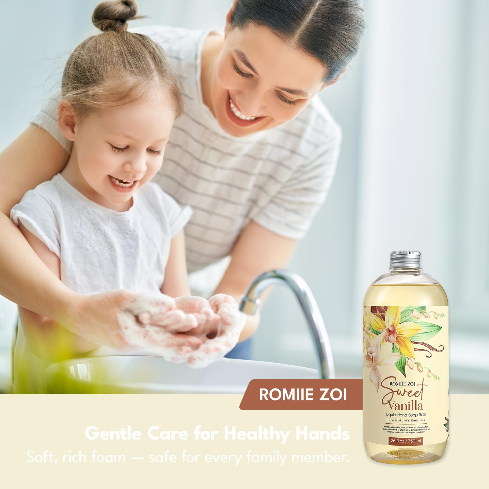 ROMIIE ZOI bottle on kitchen sink conveying cozy vanilla scent