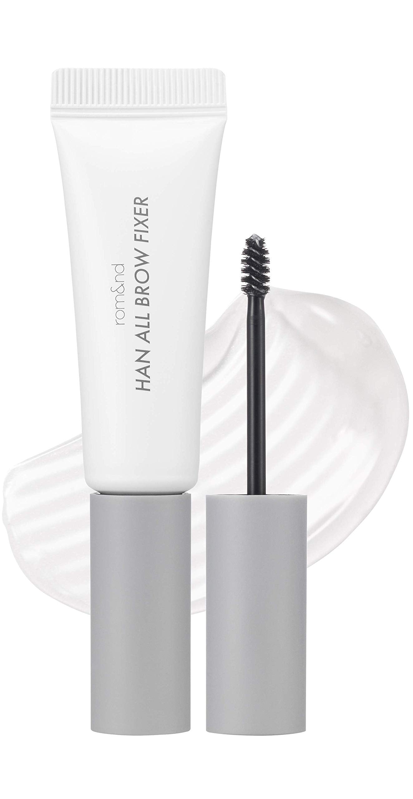 rom&nd front packaging shot showing clear eyebrow gel and compact tube benefit: easy storage
