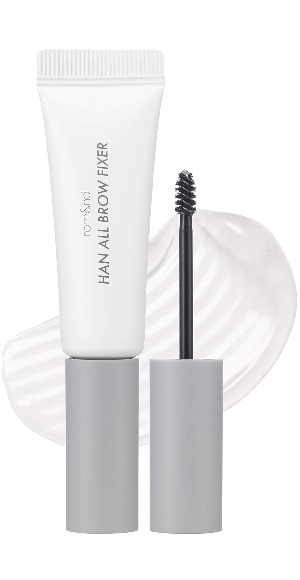 rom&nd front packaging shot showing clear eyebrow gel and compact tube benefit: easy storage