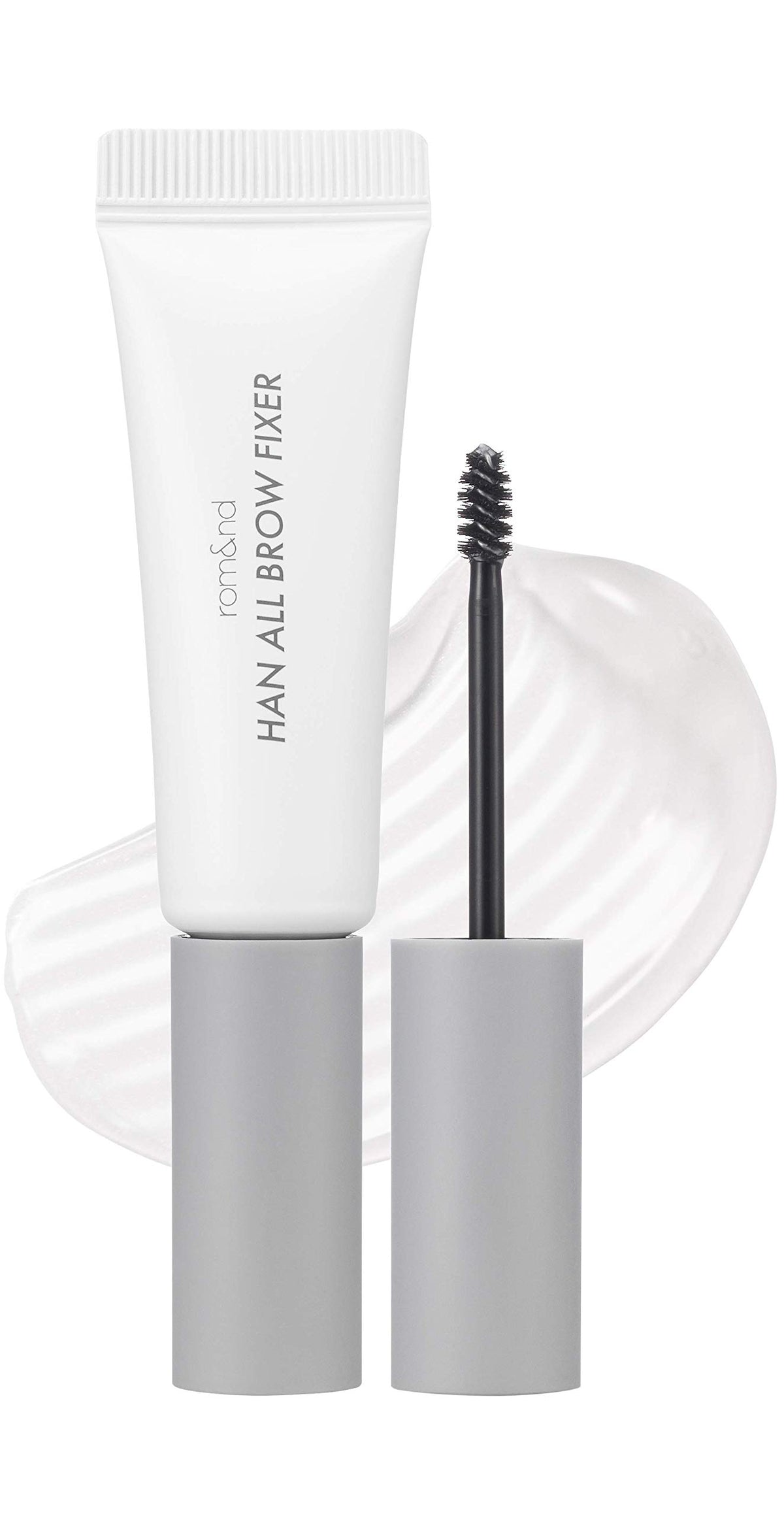 rom&nd front packaging shot showing clear eyebrow gel and compact tube benefit: easy storage