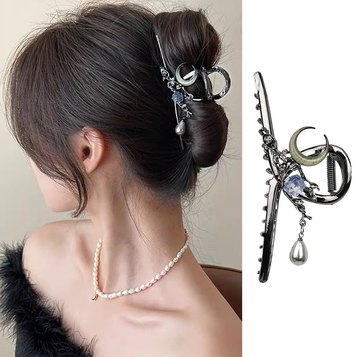 ROMODIYA front view of black flower clip showing elegant hold
