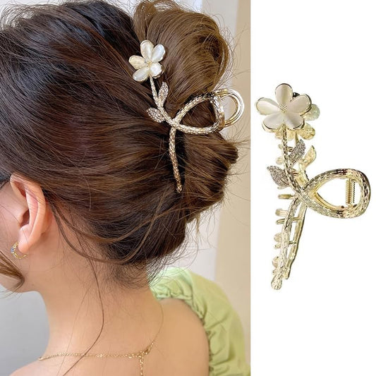 ROMODIYA front view showing cat eye flower clip and instant polished look