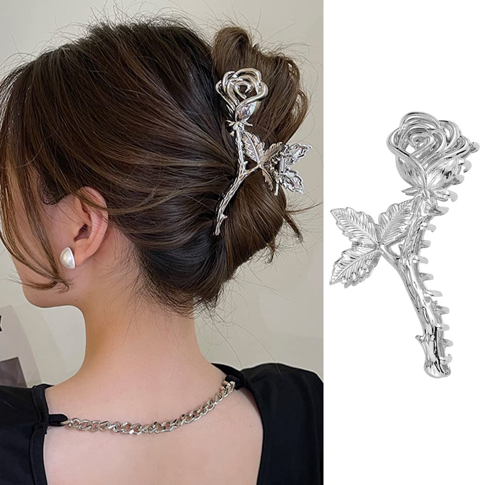 ROMODIYA silver rose clip front view shows elegant finish and secure hold