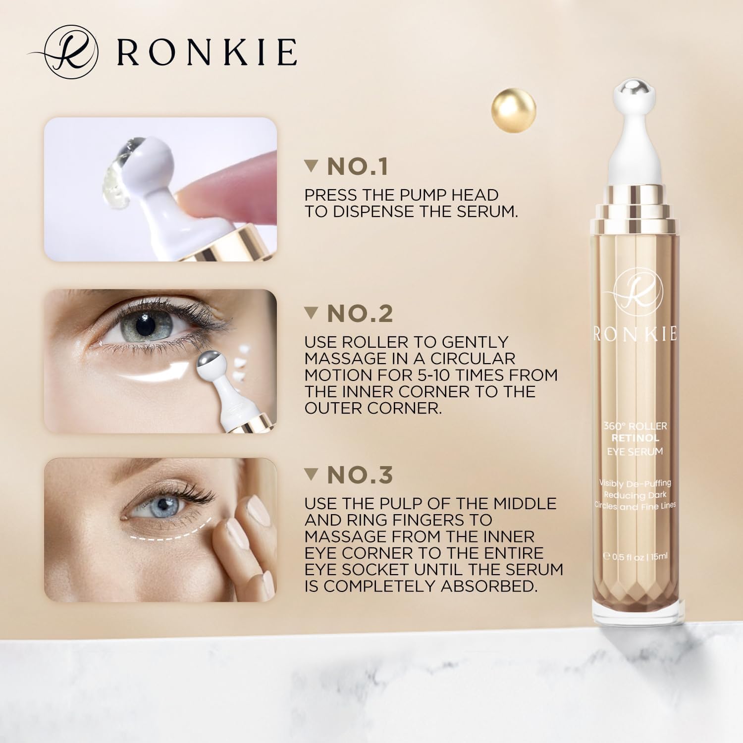 RONKIE eye cream inside a travel bag beside essentials showing convenient portability benefit