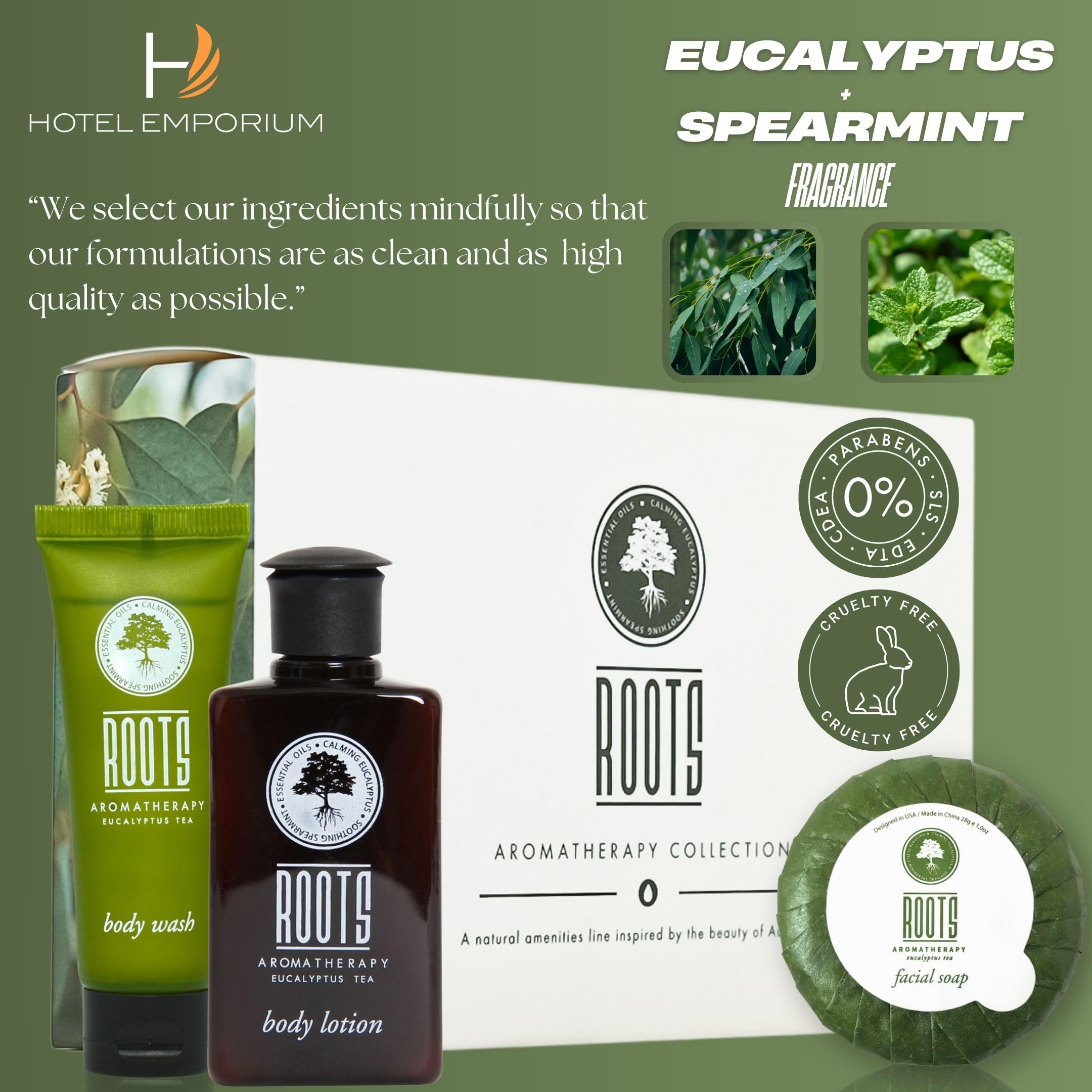 Roots Aromatherapy paired body wash and lotion conveying convenient post-shower hydration