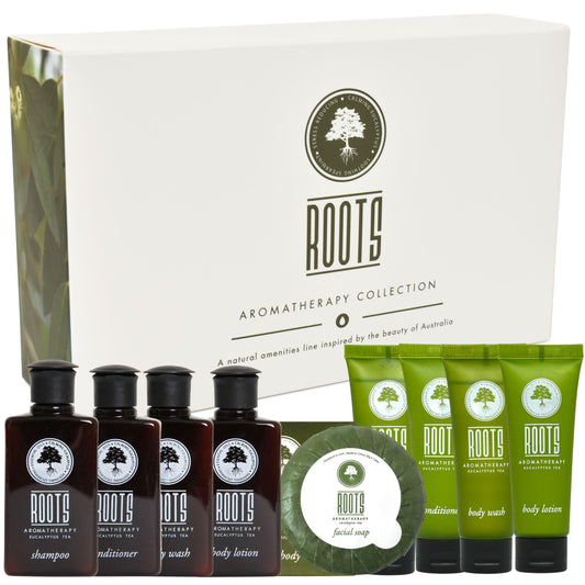 Roots Aromatherapy front packaging showing full travel toiletry assortment and appeal