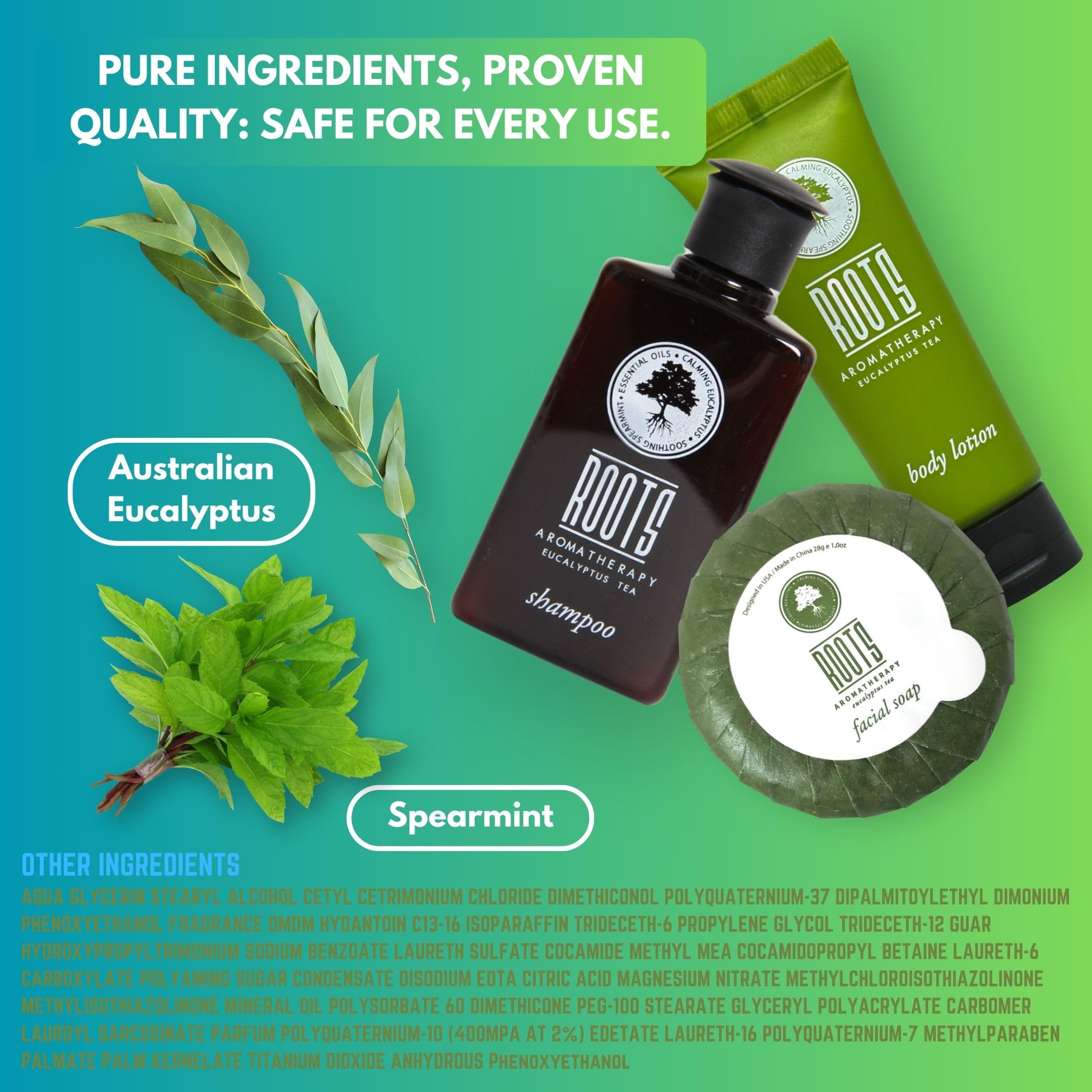 Roots Aromatherapy kit staged in a hotel bathroom showing guest-ready presentation
