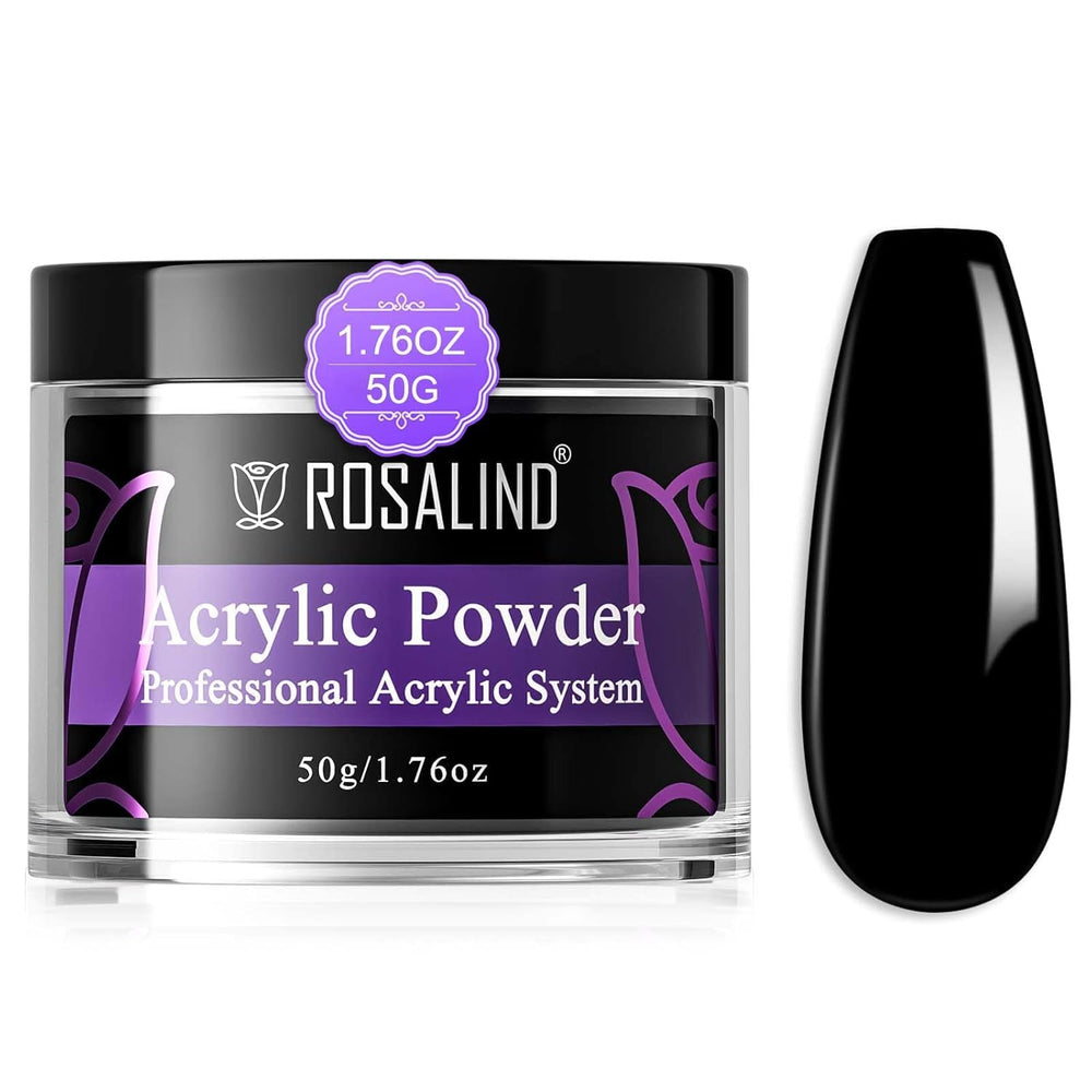 ROSALIND jar front view showing black acrylic powder and brand clarity benefit