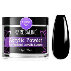 ROSALIND jar front view showing black acrylic powder and brand clarity benefit