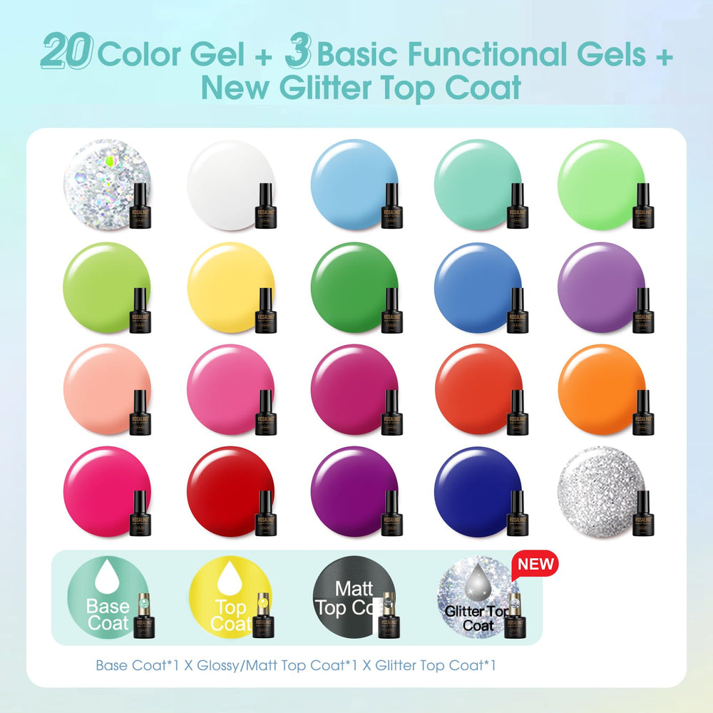 ROSALIND bottles array top view displaying 24 mini gel polishes for color variety
