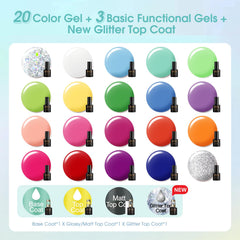 ROSALIND bottles array top view displaying 24 mini gel polishes for color variety