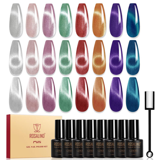 ROSALIND front packaging showing eight cat eye gel bottles and magnet for versatile looks