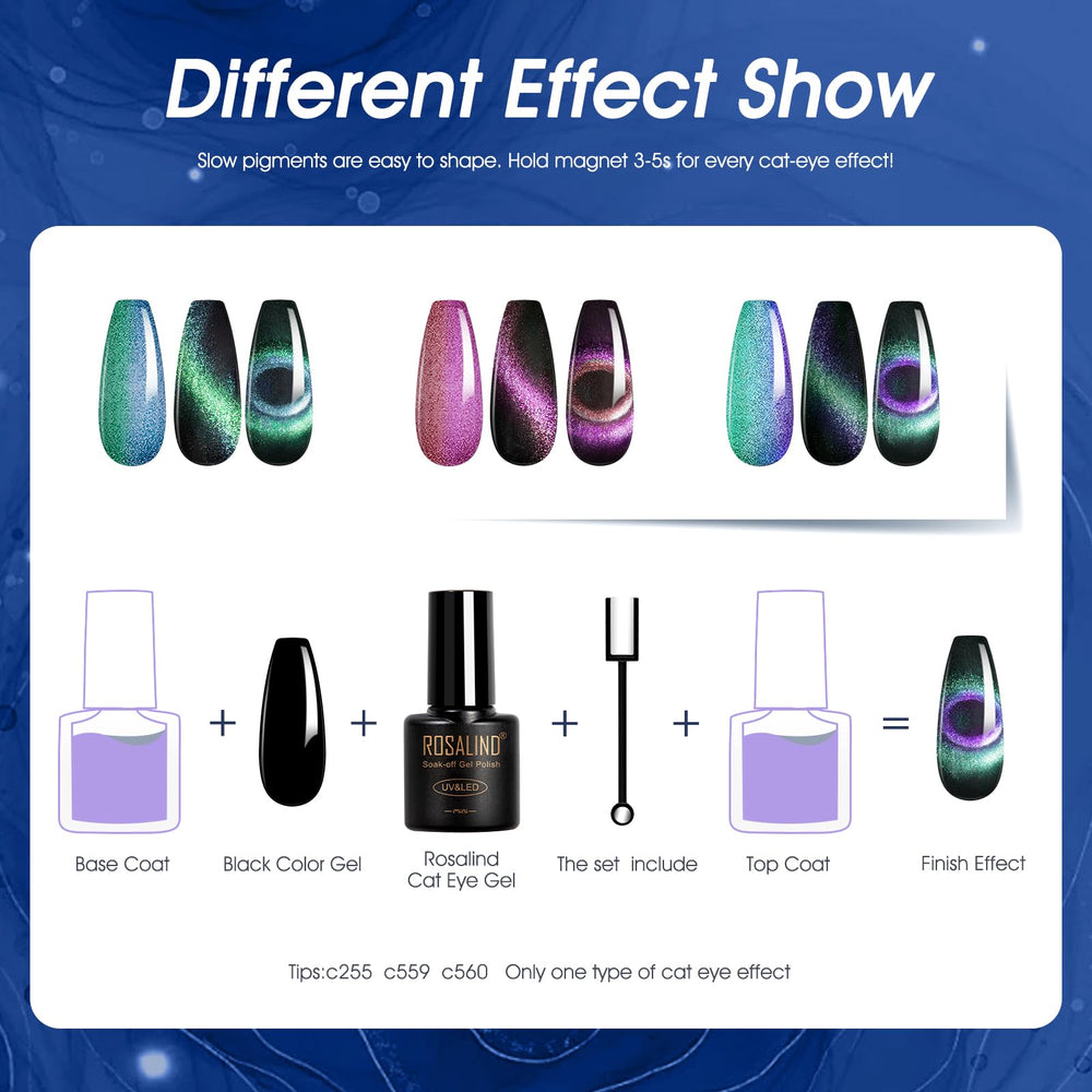 ROSALIND cat-eye magnet demonstration on nail showing dramatic reflective stripe