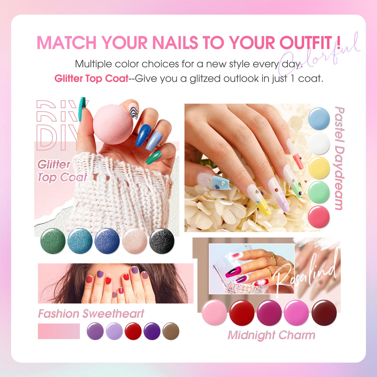ROSALIND color array flatlay displaying 26 vibrant gel shades for easy selection