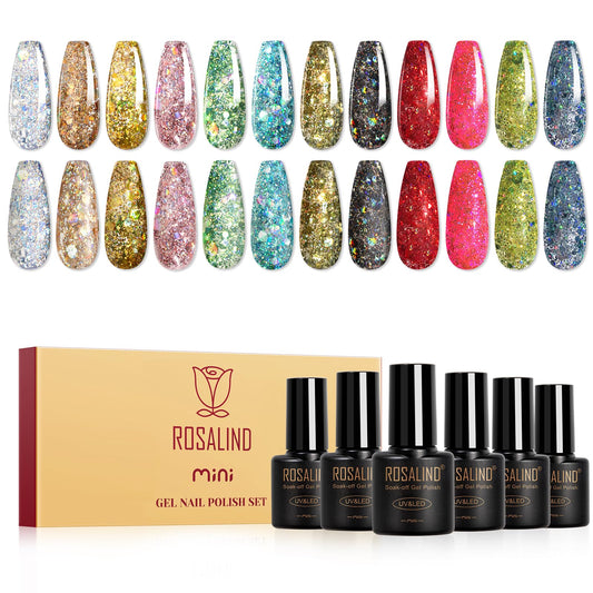 ROSALIND front view of 12 glitter gel bottles showing color range and travel-ready design