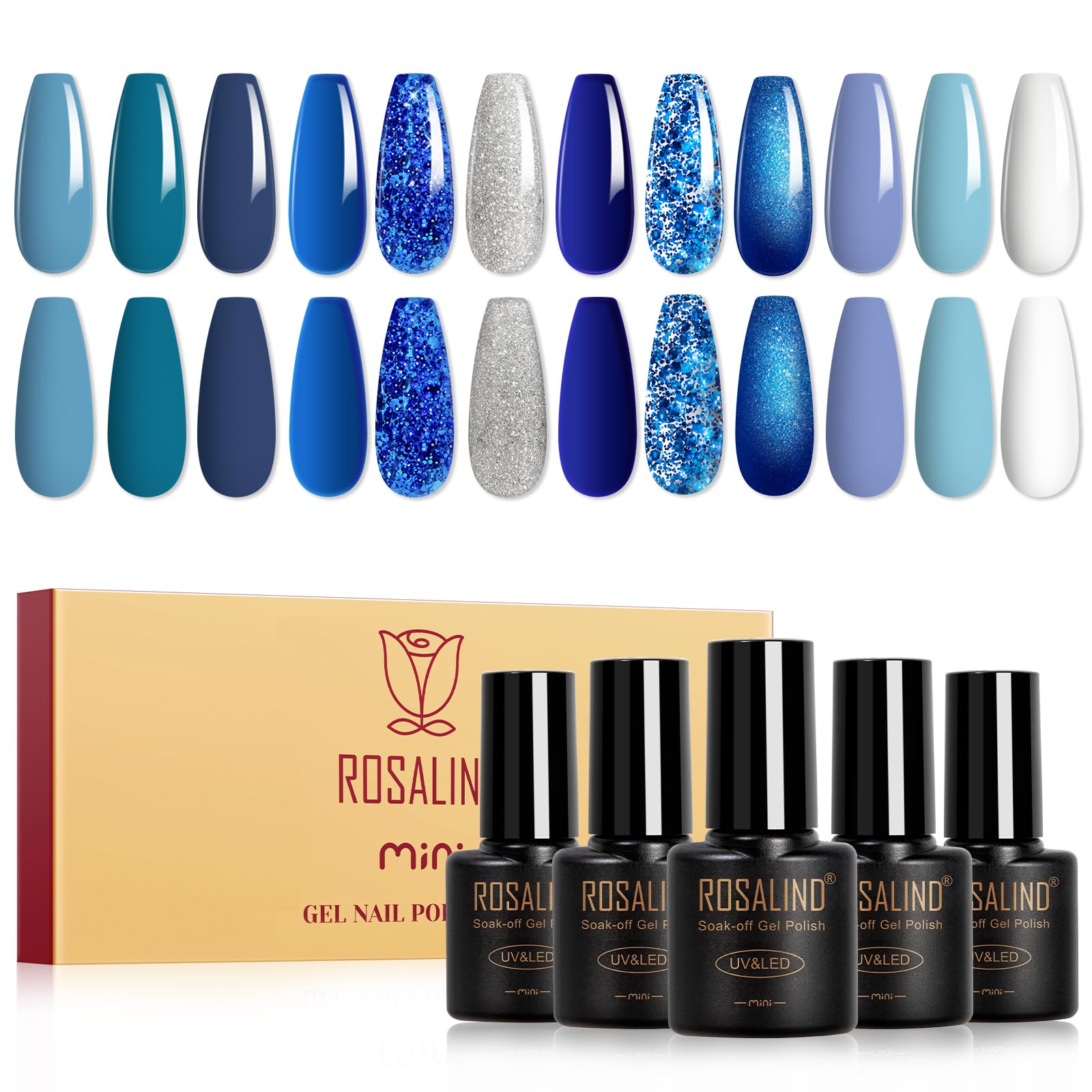 ROSALIND front view of blue gel polish set showing variety and portability
