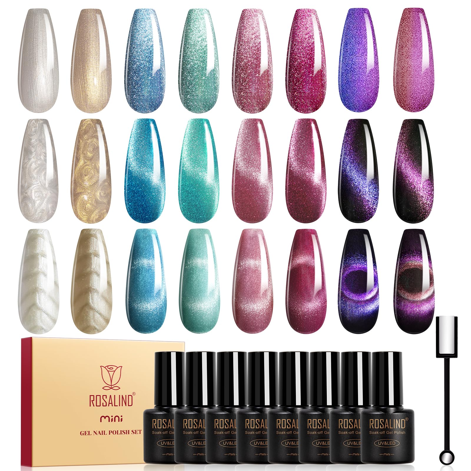 ROSALIND front packaging showing eight magnetic gel bottles and magnet, ideal for gifting