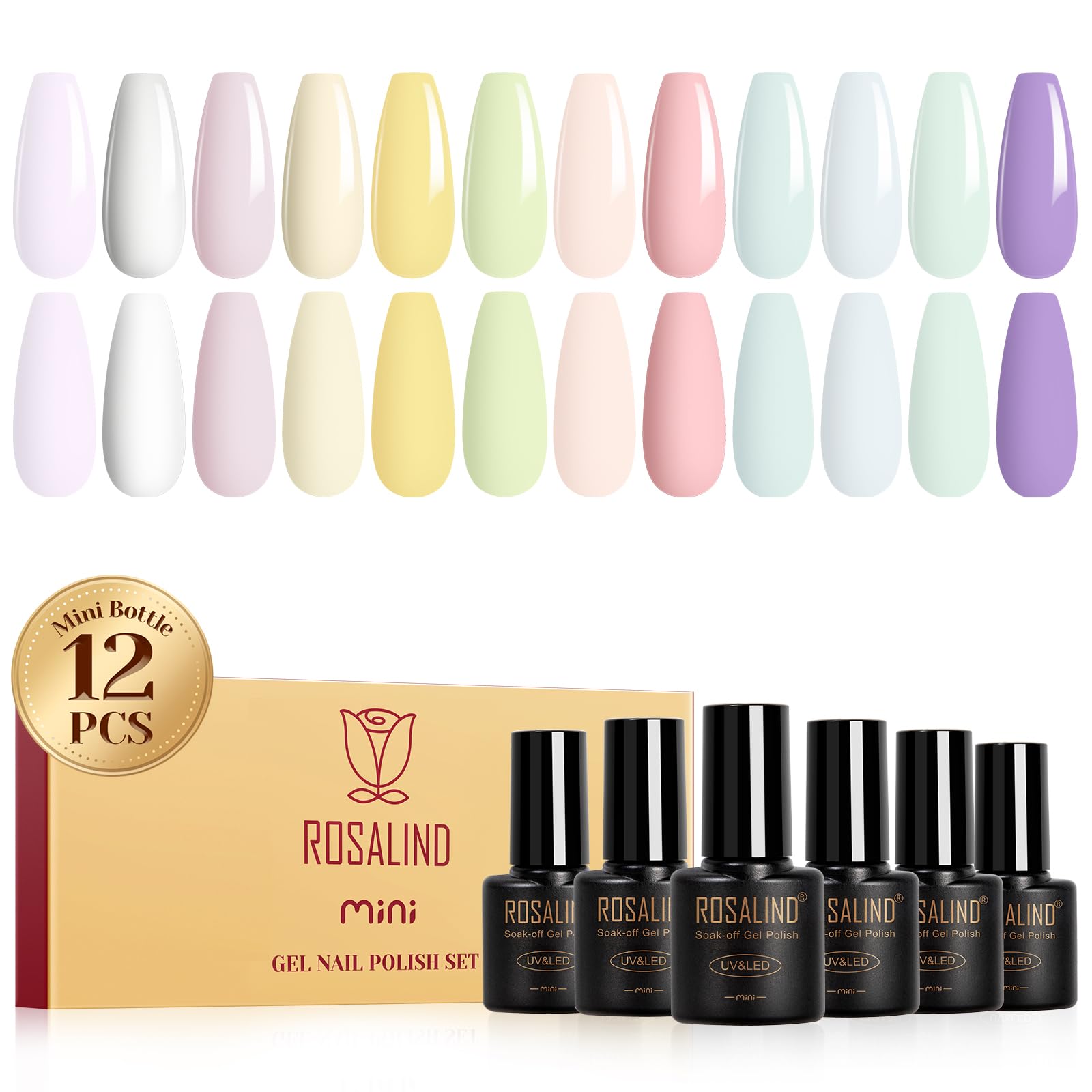ROSALIND front packaging showing all 12 pastel bottles and benefit of variety