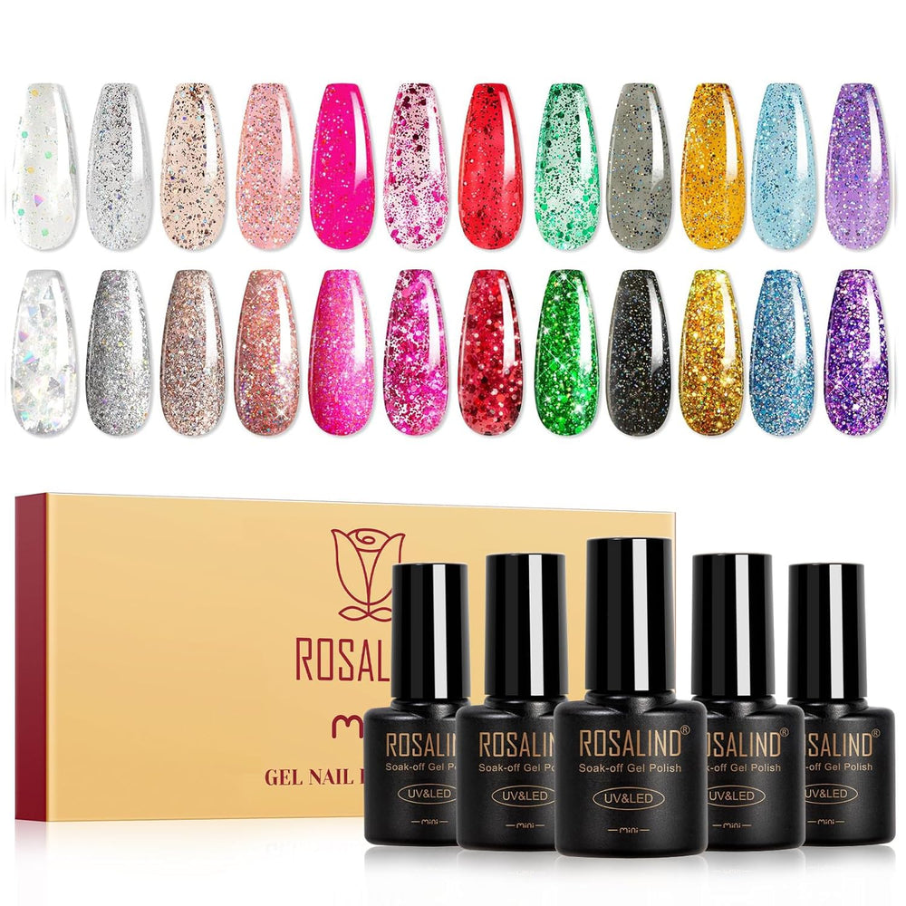 ROSALIND front packaging showing twelve mini glitter gel bottles and color variety benefit