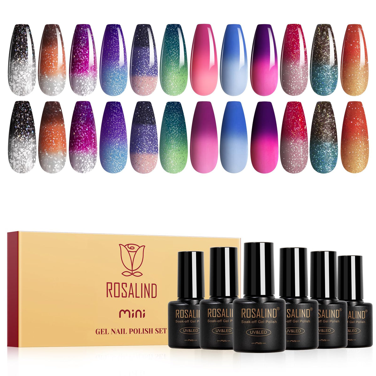 ROSALIND front packaging showing 12 bottles and colorful display benefit visual appeal