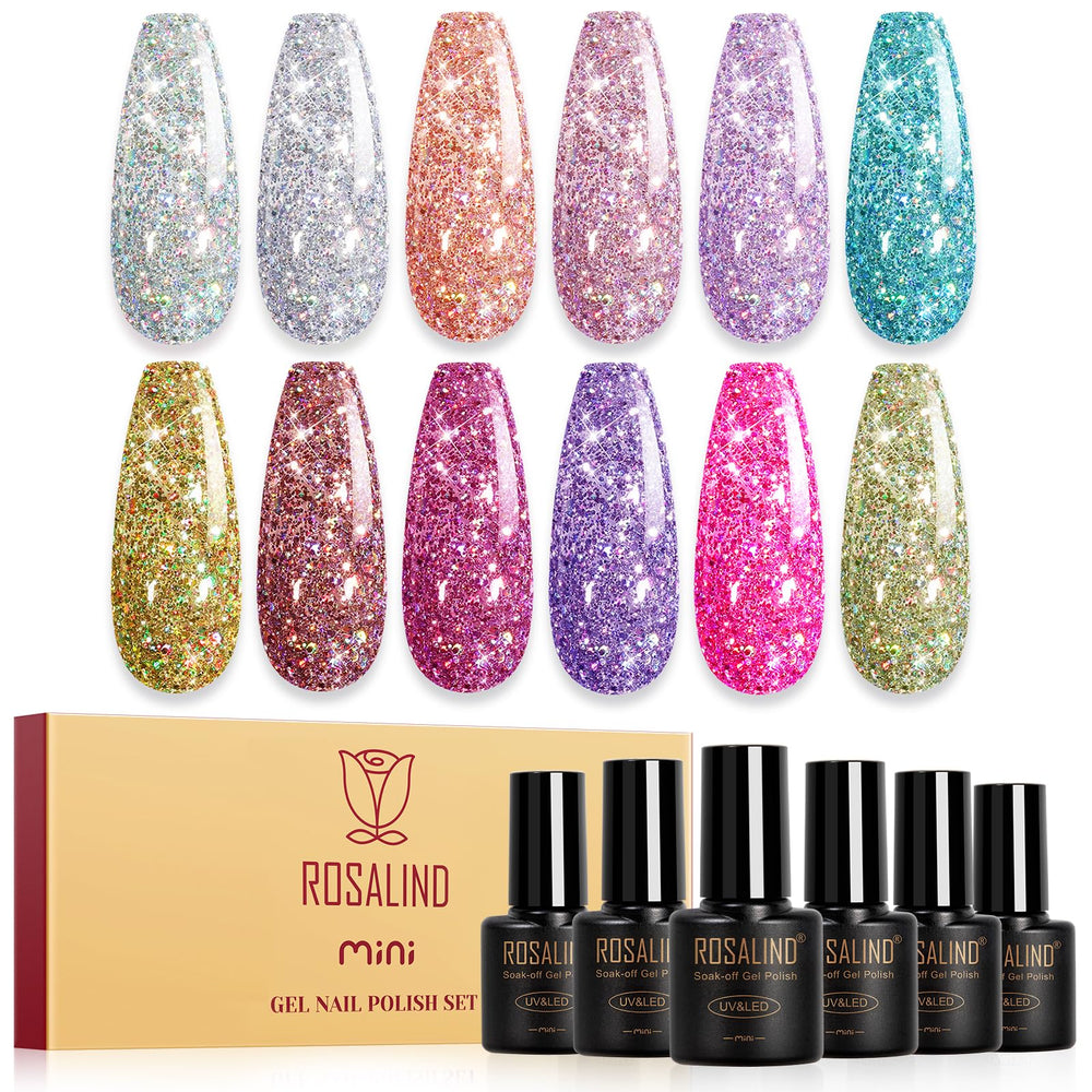 ROSALIND front packaging showing all 12 glitter bottles and travel-ready benefit