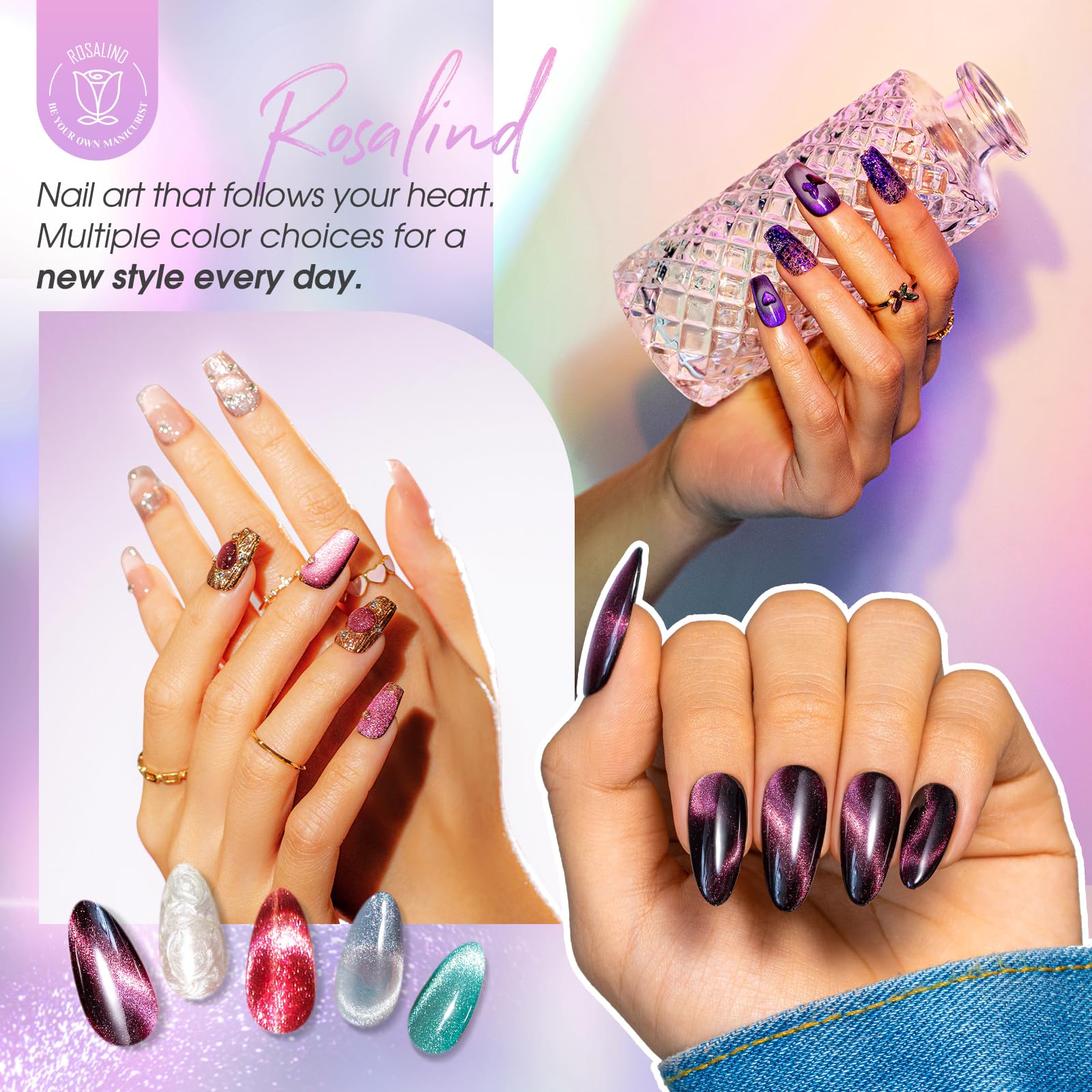 ROSALIND closeup nail displaying galaxy cat eye effect, delivers eye-catching shimmer