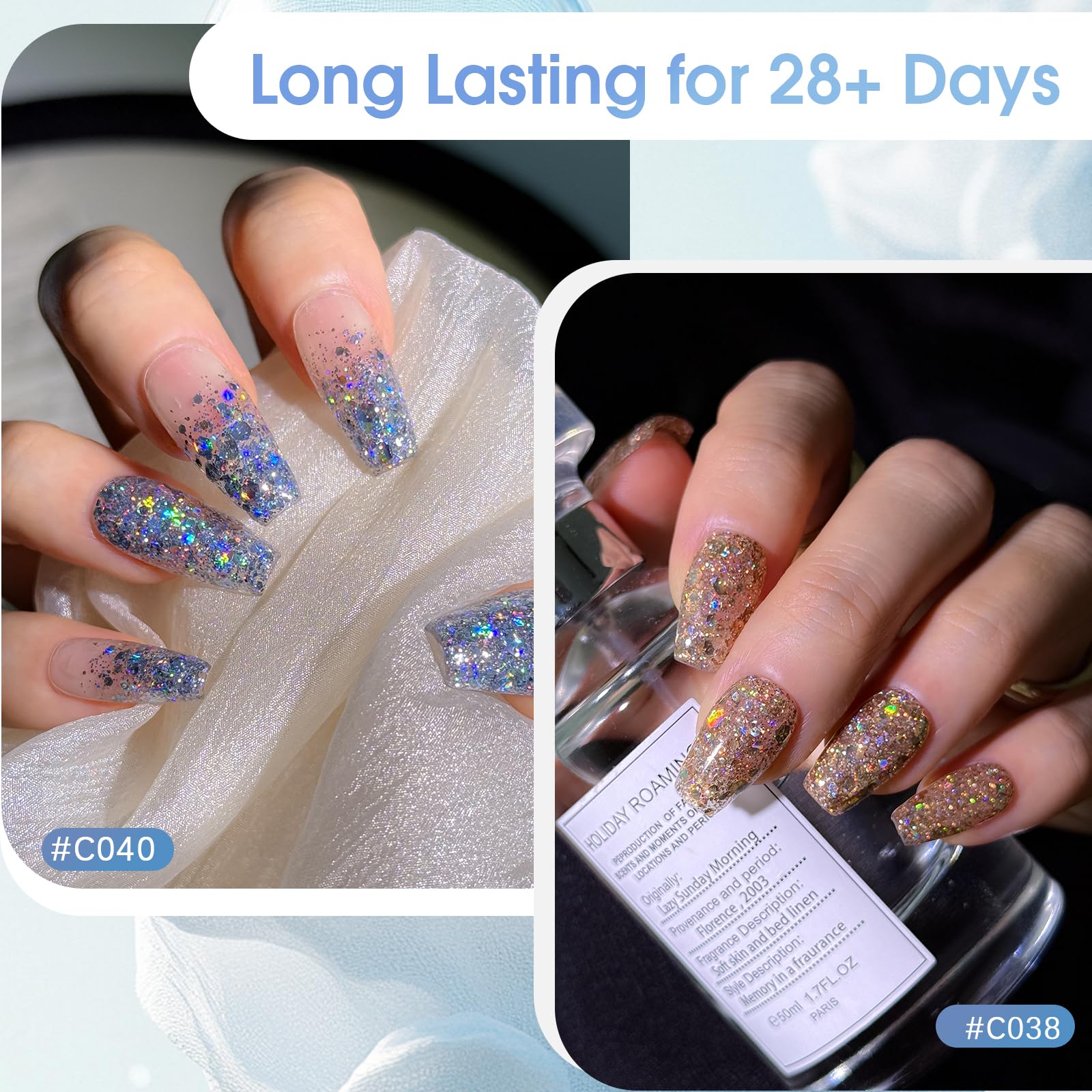 ROSALIND layered glitters on nail tips showing customizable intensity and depth