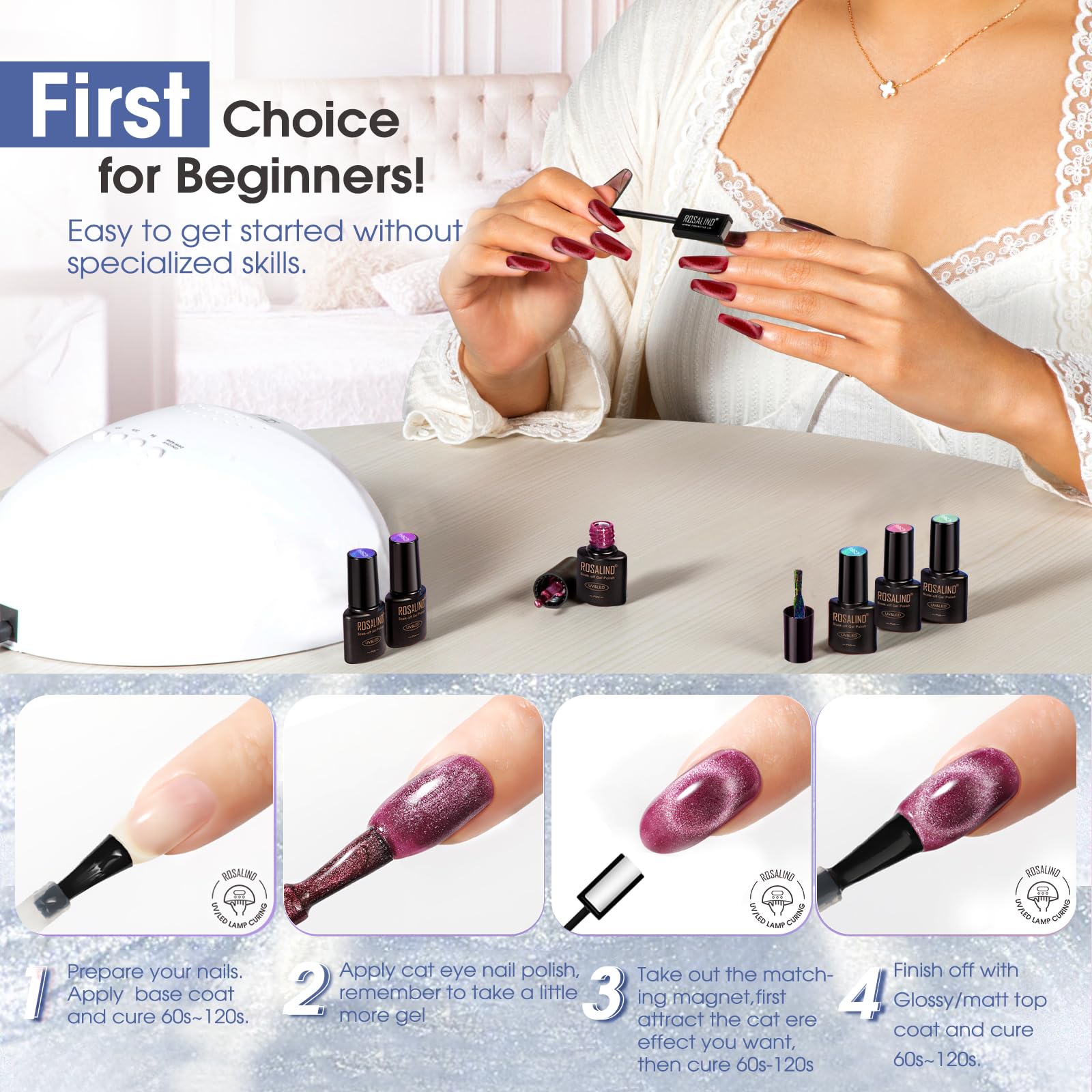 ROSALIND magnet stick held near nail to form cat-eye stripe for precise effect