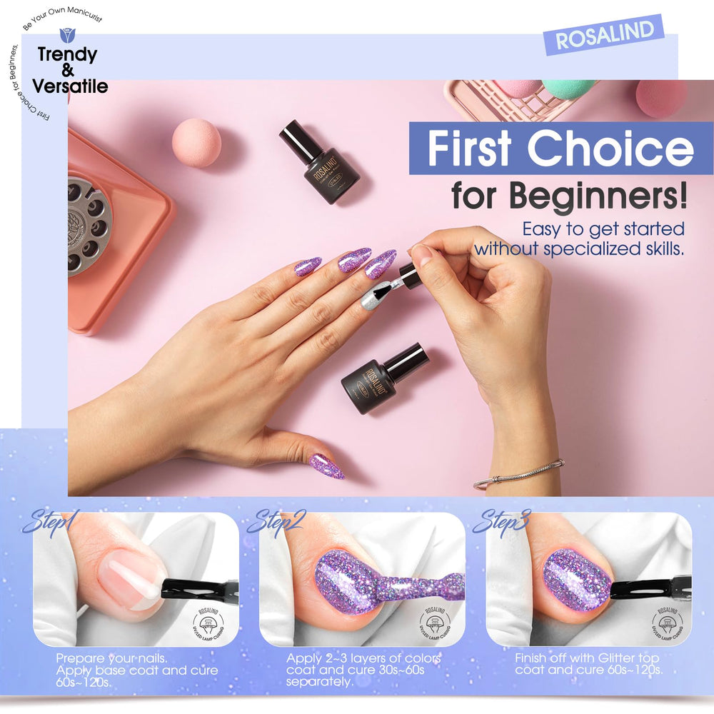 ROSALIND nails under LED lamp curing demonstrating fast-set, long-lasting shine benefit