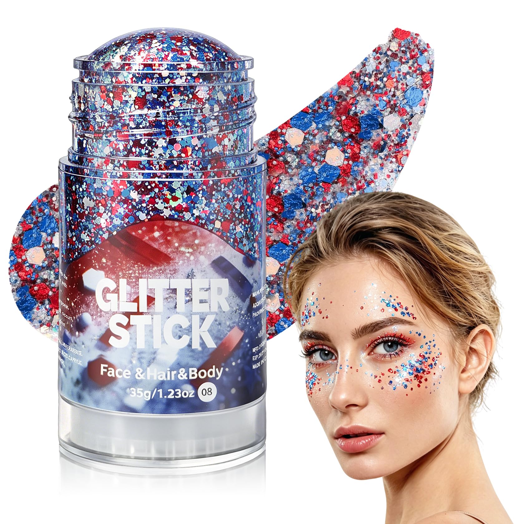 Rosawee front packaging showing patriotic glitter stick and compact size benefit