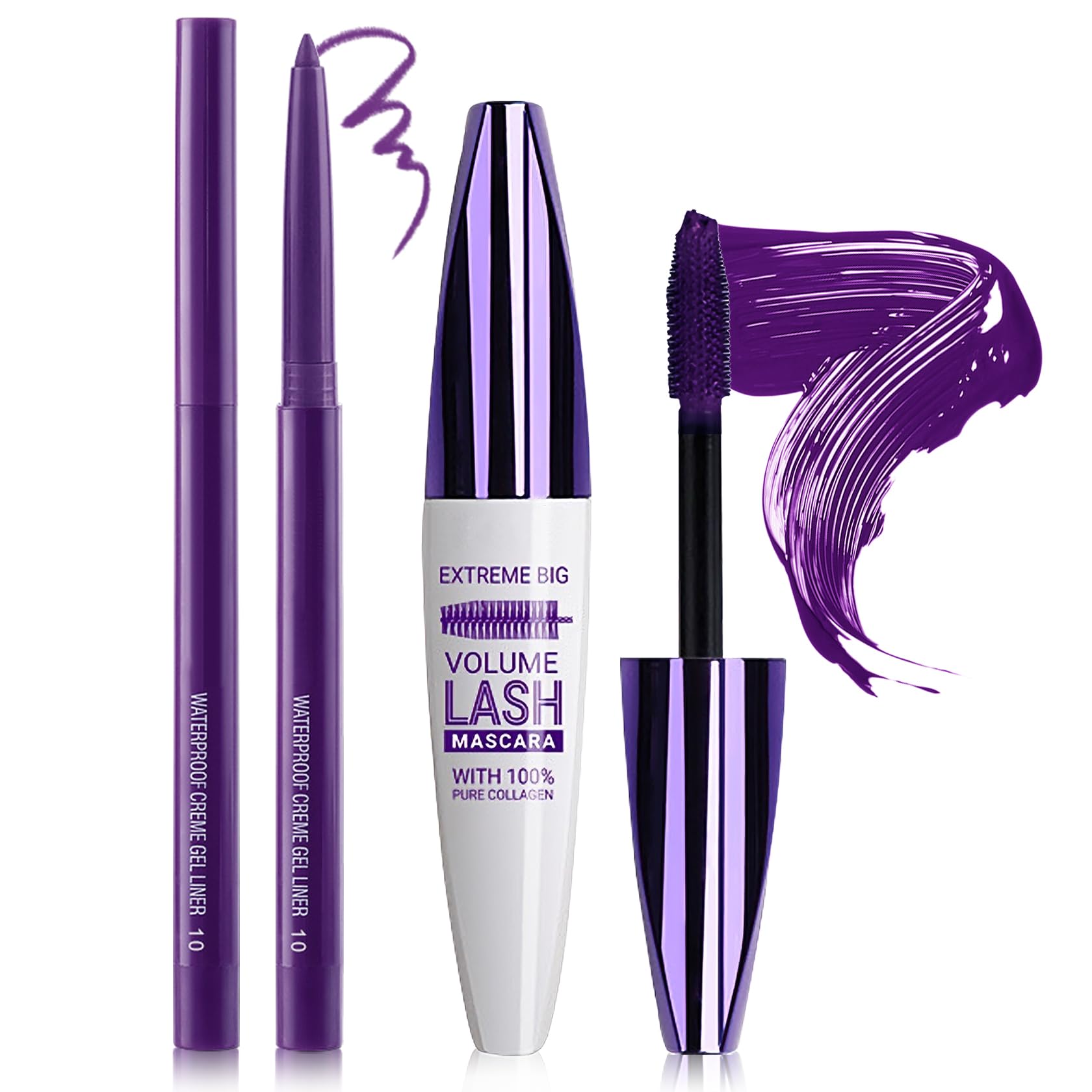ROSAWEE front packaging of purple mascara and eyeliner set, bold color payoff
