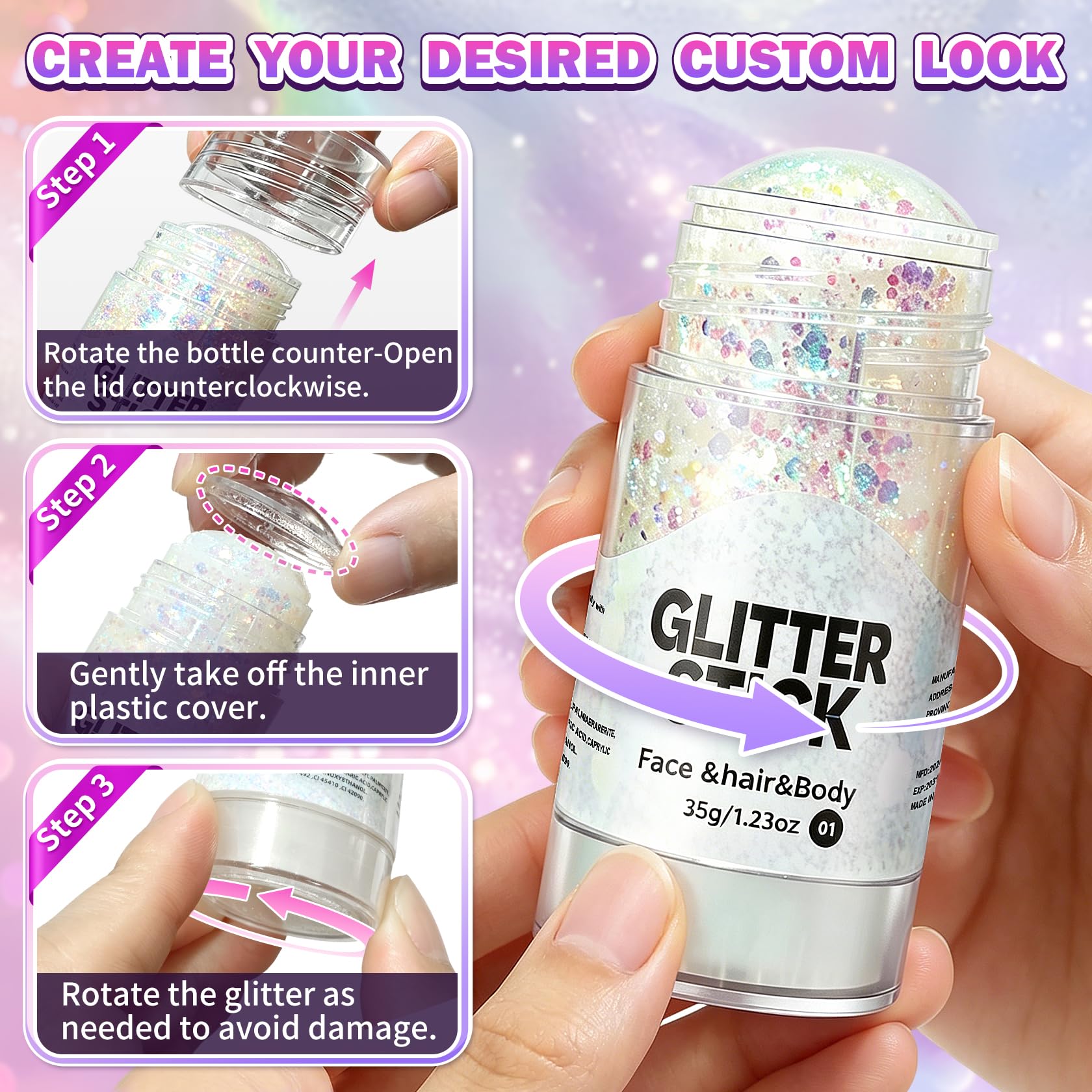 Rosawee glitter used as lip and eye accent for stage-ready sparkle