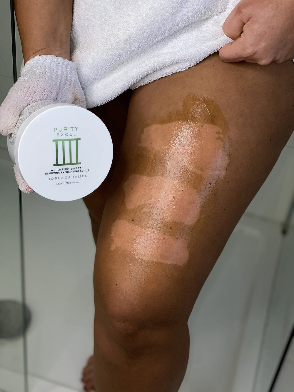 Rose & Caramel before and after legs showing smoother, even-toned skin
