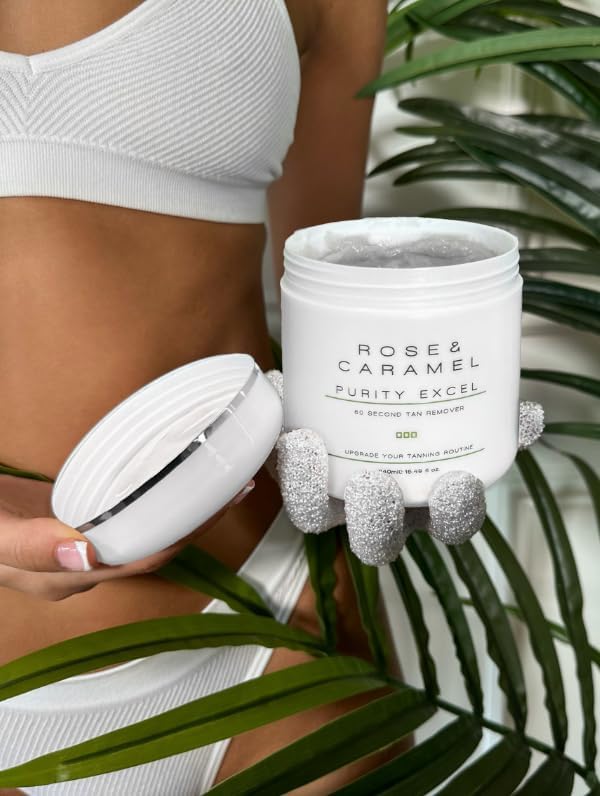 Rose & Caramel in bathroom setting with towel, preps skin for new tan